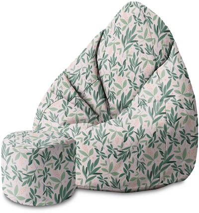 DreamRoots Velvet Zitzak voor Volwassenen – Luxe Beanbag met Voetsteun en Afneembare Hoes – Inclusief Vulling – 80x80x120 cm - Olive Leaves on Pink
