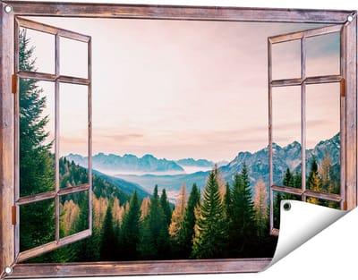 Gards Tuinposter Doorkijk Bos met Bomen bij Bergen Landschap - 90x60 cm - Tuindoek - Tuindecoratie - Wanddecoratie buiten - Tuinschilderij
