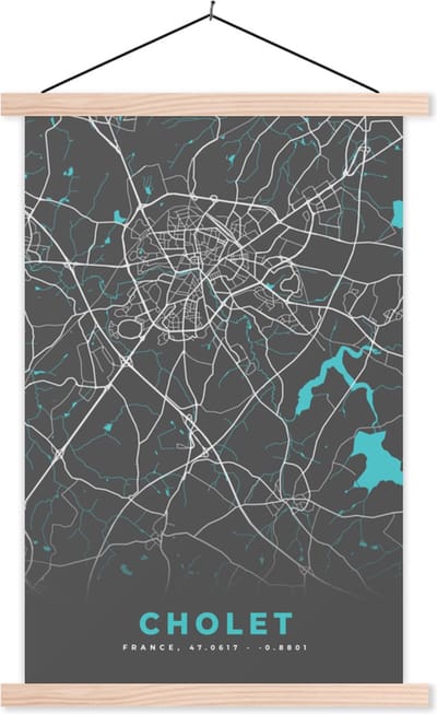 Posterhanger incl. Poster 40x60 cm - Schoolplaat - Kaart - Plattegrond - Stadskaart - Frankrijk - Cholet - Textielposter - Blanke latten - Stadskaart