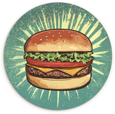 WallCircle® Wandcirkel 120x120 cm - Muurcirkel Hamburger - Illustratie - Sla - Kaas - Muurdecoratie woonkamer - Wanddecoratie slaapkamer - Kamer decoratie accessoires - Ronde schilderijen XXL