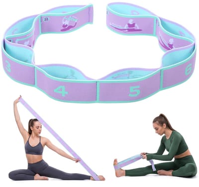 Yoga-stretchband met 8 lussen, fitnessband voor yoga, stretchband met lussen voor flexibiliteit, gymnastiek rekken met markeringen voor alle niveaus