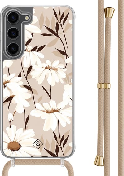 Casimoda® hoesje met beige koord - Geschikt voor Samsung S23 Plus - In Bloom - Afneembaar koord - TPU/polycarbonaat - Bruin/beige