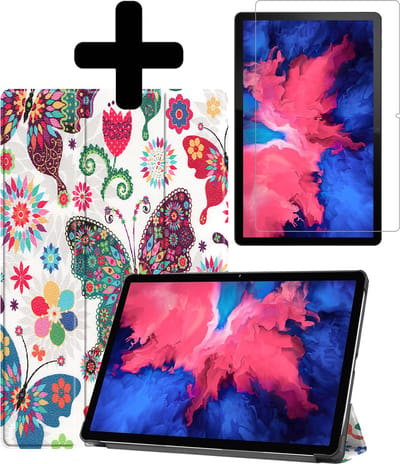 Hoes - Geschikt voor Lenovo Tab P11 Plus - Met Screenprotector - Trifold Bookcase - Hard Cover - Hardcover Book Case - Tablet Hoesje - Vlinders