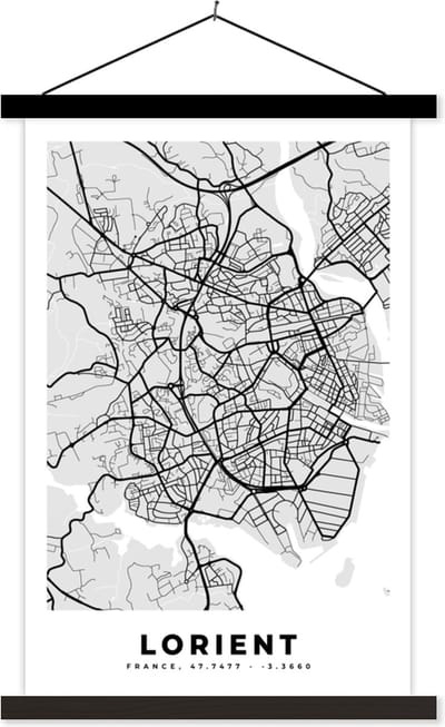 Posterhanger incl. Poster 40x60 cm - Schoolplaat - Frankrijk - Lorient - Stadskaart - Plattegrond - Kaart - Textielposter - Zwarte latten - Stadskaart