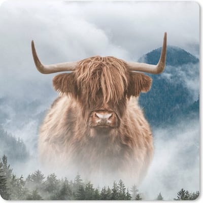 Muismat 20x20 cm - Mousepad Schotse hooglander - Mist - Berg - Muismatten