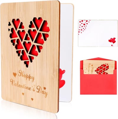 Houten Valentijnsdag Wenskaart met Envelop - Origineel Cadeau met Liefdeshart