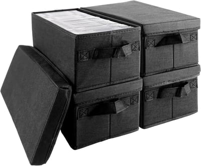 Opbergdoos voor CD's en DVD's - Set van 4, Geschikt voor 36 Stuks, Wasbare Dozen met Deksel, Zwart en Duurzaam