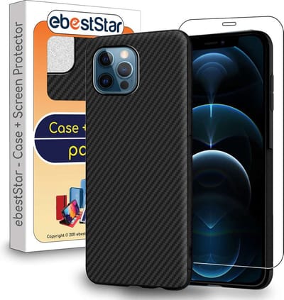 ebestStar - Hoes geschikt voor iPhone 12 Pro Max Apple, Hoogwaardig Zacht TPU Bescherming, Koolstof Design Hoesje, Zwart + Gehard Glas