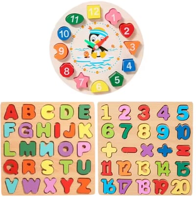 DMG Supply Spelset - Houten Letters - Alfabet Speelgoed - Rekenbord Leren Tellen - Houten Speelklok - Educatieve Leerklok - Houten Puzzel - Kinderpuzzel - 3 Spellen - Vanaf 3 Jaar