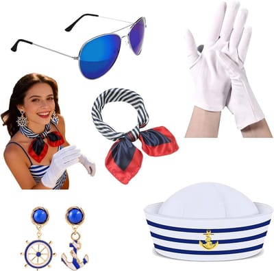 Zevendelige Zeeman Kostuumset voor Vrouwen - Inclusief Hoed, Sjaal, Handschoenen, Zonnebril en Oorbellen - Perfect voor Themafeesten, Cosplay en Carnaval