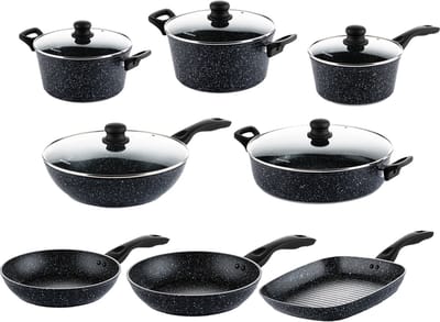 Westinghouse 8-delige Pannenset – Koekenpannen + Hapjespan + Braadpannen + Steelpan + Wokpan + Grillpan – Inductie – Black Marble