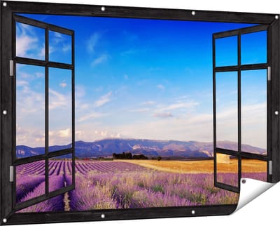 Gards Tuinposter Doorkijk Raam met Lavendel Veld - 150x100 cm - Tuindoek - Tuindecoratie - Wanddecoratie buiten - Tuinschilderij