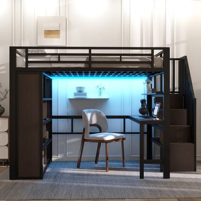 Hoogslaper 140 x 200 cm - met bureau - opbergvak - LED-verlichting - trap met opbergruimte - zonder matras - zwart
