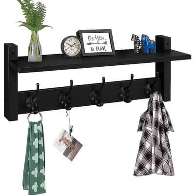 Kapstok hangend met plank - 10 haken - Industrieel - Wandkapstok Zwart - Luft - Kapstok muur - Wand - Met hoedenplank