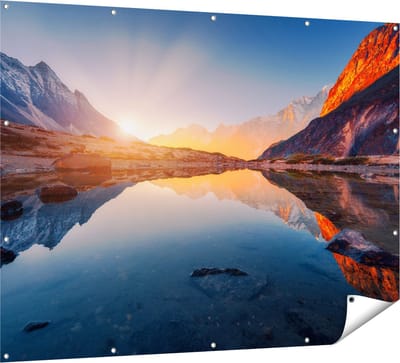 Gards Tuinposter Bergen Landschap met Zonsopgang - 160x120 cm - Tuindoek - Tuindecoratie - Wanddecoratie buiten - Tuinschilderij