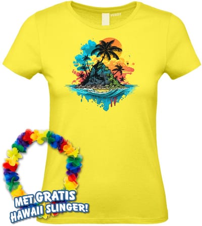 Dames t-shirt Palmboom Eiland | Toppers in Concert 2024 | Club Tropicana | Hawaii Shirt | Ibiza Kleding | Lichtgeel Dames | maat XS