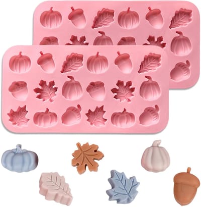 1 paar siliconen mallen - voor het maken van chocolade, herfst esdoornblad, eikel en pompoen vormen - 20,4 × 10,8 × 1,3 cm - 3D - 36 holte snoep mallen - geschikt voor Thanksgiving, oogst thema's, snoep, pudding, gelei maken - roze