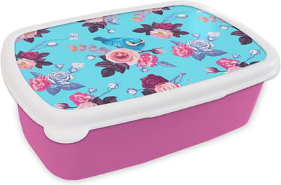 Broodtrommel Roze - Lunchbox - Brooddoos - Vogel - Bloemen - Patronen - 18x12x6 cm - Kinderen - Meisje