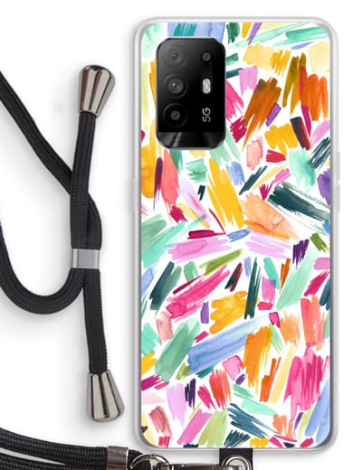 Case Company® - Hoesje met koord geschikt voor Oppo A94 5G hoesje met Koord - Watercolor Brushstrokes - Telefoonhoesje met Zwart Koord - Bescherming aan alle Kanten en Over de Schermrand