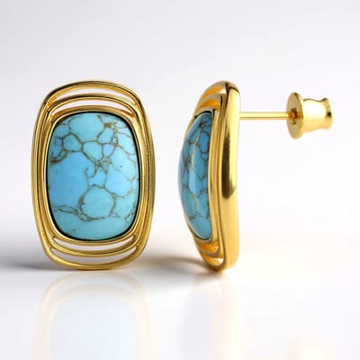 Cavill - Zilveren Oorbellen met 7 Karaat Turkoois - 925 Sterling Zilver Goudverguld - Elegante Rechthoekige Cabochon Bezelzetting - 14x10 mm