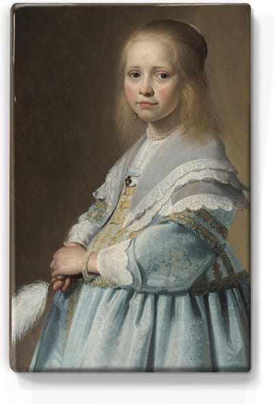 Johannes Cornelisz. Verspronck - Portret van een meisje in het blauw - 19,5 x 30 cm - Niet van echt te onderscheiden schilderijtje op hout - Mooier dan een print op canvas - Laqueprint.