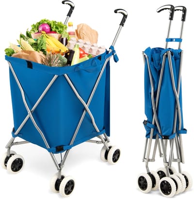 COSTWAY Opvouwbare boodschappentrolley met wielen, capaciteit 90 l/55 kg, handwagen met afneembare Oxford-tas, winkelwagen, inklapbaar, trolleytas met handvat, voor winkelen, kamperen (blauw)