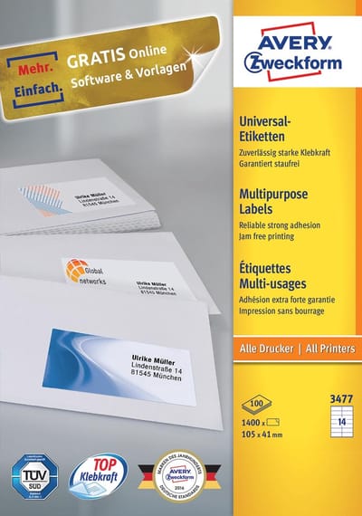 Avery Zweckform 3477, Universele etiketten, Ultragrip, wit, 100 vel, 14 per vel, 105 x 41 mm 5 stuks