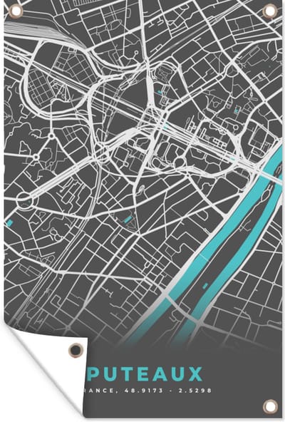 Muurdecoratie Puteaux - Stadskaart - Kaart - Plattegrond - Frankrijk - 120x180 cm - Tuinposter - Tuindoek