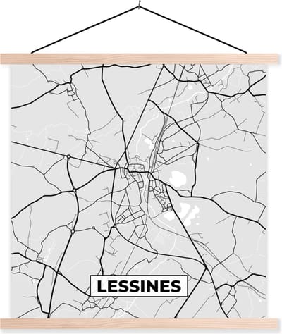 Posterhanger incl. Poster 40x40 cm - Schoolplaat - België – Lessines – Stadskaart – Kaart – Zwart Wit – Plattegrond - Textielposter - Blanke latten - Stadskaart