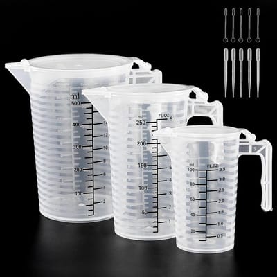 Set van 3 transparante kunststof maatbekers van 100 ml, 250 ml, 500 ml, met deksel, 3 pipetten van 3 ml, 3 roerstaafjes voor koken, bakken