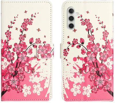 Hoesje Geschikt voor Samsung Galaxy A37 | Portemonnee Book Case | Beschermhoes | Magneet Sluiting | Roze Bloemen Print