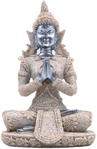 Dailygoods- Boeddha Beeld Meditatie - Zandsteen Sculptuur - Hand Gesneden Beeldje - Zwart/Goud - Decoratief Element - Inspirerende Energie - Standbeeld