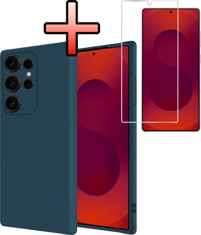 Hoesje - Met Screenprotector - Geschikt voor Samsung Galaxy S25 Ultra - Sterk & Shockproof - Back Cover - Siliconen Case - Telefoon Hoes - Donkerblauw