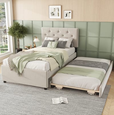 Gestoffeerd bed, 90x200 cm, lattenbodem (matras niet inbegrepen), met verrijdbaar opbergkastje, fluweel, minimalistische stijl, beige.