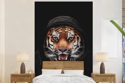 Behang - Fotobehang Tijger - Zwart - Blauw - Breedte 170 cm x hoogte 260 cm
