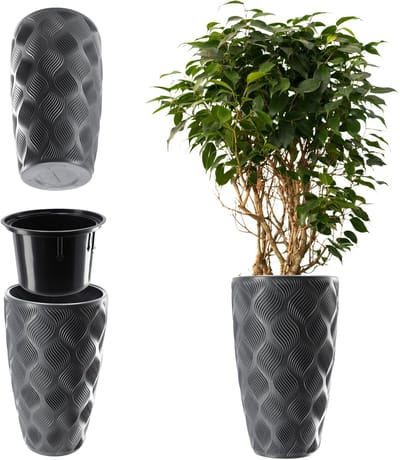KADAX Bloempot met inzetstuk en handgrepen, plantenbak van kunststof in 5 maten, uv-bestendig, weerbestendig, hoog, met 3D-effect, antraciet, hoog
