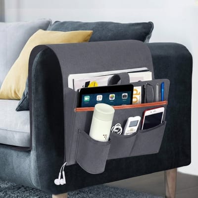 Famanu – Sofa armsteun organizer met 5 vakken - praktische opbergtas voor bank of fauteuil - geschikt voor tijdschriften - boeken - afstandsbediening en telefoon - stevig materiaal en makkelijk te reinigen - blauwgrijs