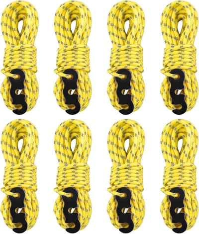 Reflecterende Guy Ropes van 4 meter, Paracord Touw met Spanner voor Tent en Tarpaulin, Ideaal voor Kamperen (Geel, Set van 8)