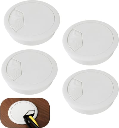Set van 4 Witte Plastic Kabeldoorvoeren van 60 mm, Ronde Kabelorganizers voor Kantoor, Verwijderbare Deksel, Kabelbeheer en Bureau-accessoires