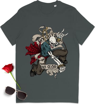 T shirt met skelet en quote: 'No Guts, No Glory' - Dames en heren tshirt - T-shirt vrouwen en mannen met print opdruk - Unisex maten: S t/m 3XL - Shirt kleuren: zwart, anthracite, Frence Navy en Burgundy (bordeaux rood).