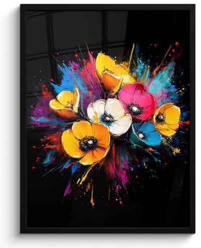 Poster in lijst - Fotolijst 50x70 cm - Posters - Bloemen - Kleurrijk - Graffiti - Modern - Boeket - Posterlijst zwart - Decoratie - Wanddecoratie woonkamer - Muurdecoratie slaapkamer