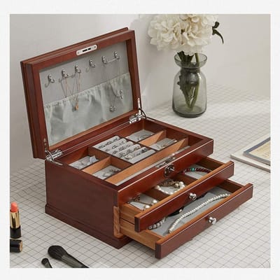 Houten Sieradenkist - Sieraden opberger - Sieraden organiseren - Drielaags ladeontwerp - 29.5 cm breed - Bruin