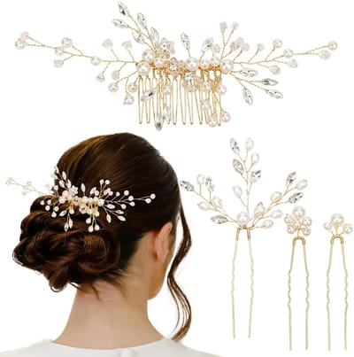 Allecto - Wedding Hair Accessories - Bridal Hair Combs - 4 Stuks - Gouden Haaraccessoires - Crystal Beads Haar Clips - Geschikt voor Bruidsmode - L...