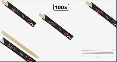 100x Eetstokjes/Chopsticks 21cm in zwart hoesje - Sushi chop sticks eet stokje chinees japan indisch festival food thema feest