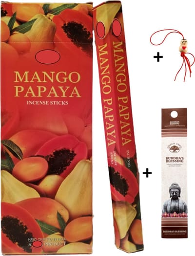 Doos met 120 stokjes - Wierook - Wierookstokjes - Incense sticks - Mango Papaya + 5 mini wierookstokjes + Gelukspoppetje