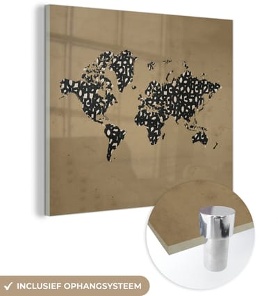 ® Glasschilderij 90x90 cm - Schilderij acrylglas - Wereldkaart - Cijfers - Zwart - Foto op glas - Muurdecoratie woonkamer - Wanddecoratie slaapkamer - Schilderijen