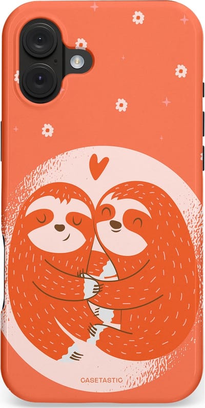 Casetastic hoesje geschikt voor Apple iPhone 16 Plus - MagSafe - Dubbellaagse bescherming - Oranje Pastel Roze Liefdes Koppel Luiaard - Fashion Case - Terracotta Zand