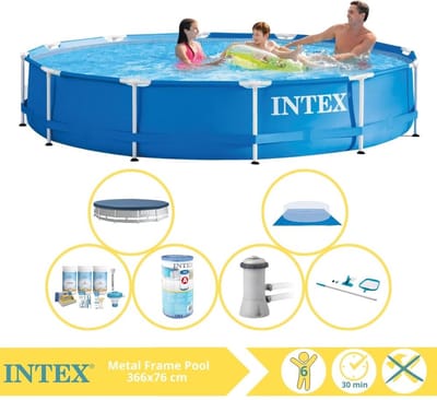Intex Rond Frame Zwembad - 366 x 76 cm - Blauw - Inclusief Afdekzeil - Onderhoudspakket - Zwembadfilterpomp - Filter - Grondzeil - Schoonmaakset - 7-delig