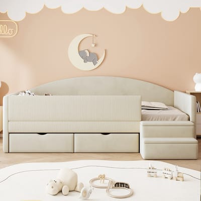 Slaapbank 90x190 cm - met twee laden en zijhek - met trapje - zonder matras - beige