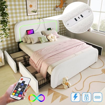 MIVRAY Gestoffeerd Bed 160x200 cm - Tweepersoonsbed Zonder Matras met USB C en LED Verlichting - 4 Laden - Sherpa - Wit